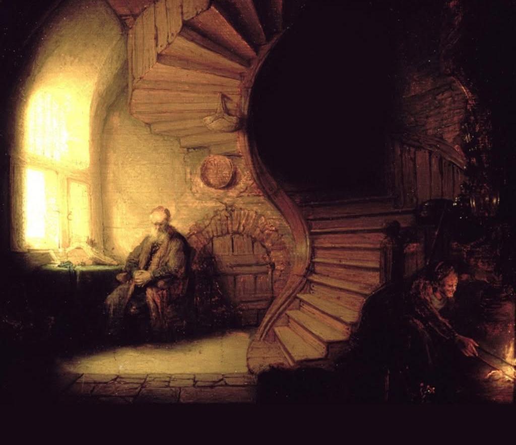 Traditional Chinese internal arts painting depicting cultivation and inner fire, reminiscent of Rembrandt's chiaroscuro style